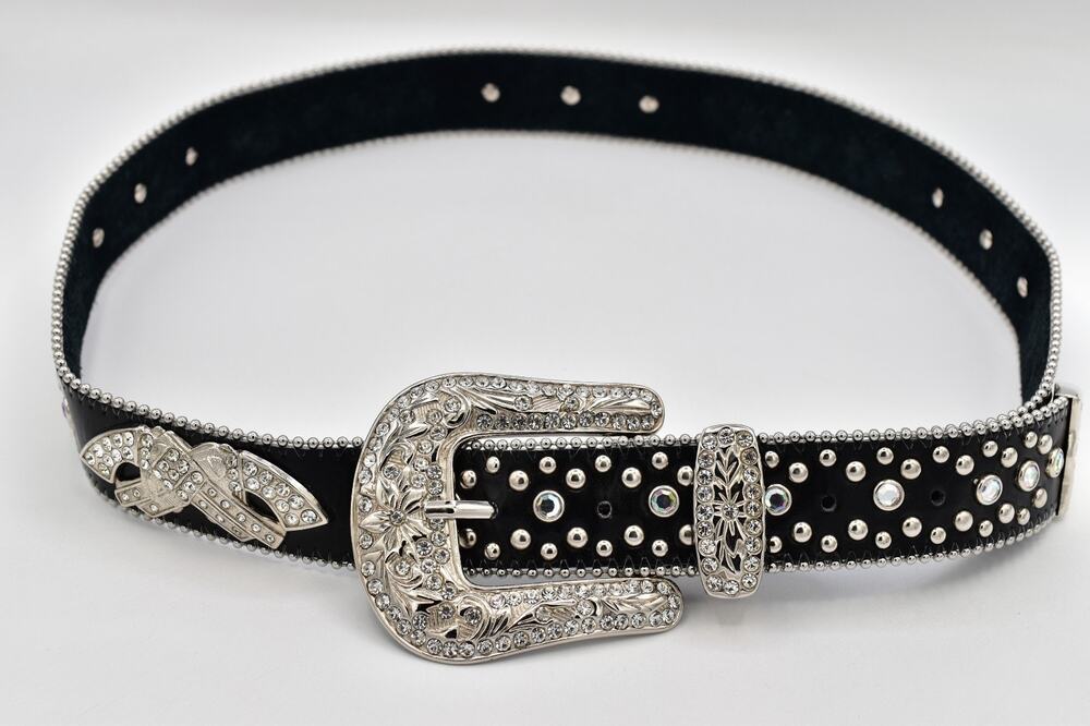 Black Genuine Leather Rhinestone Western Belt M/L Silver Studded Crystal Y2K